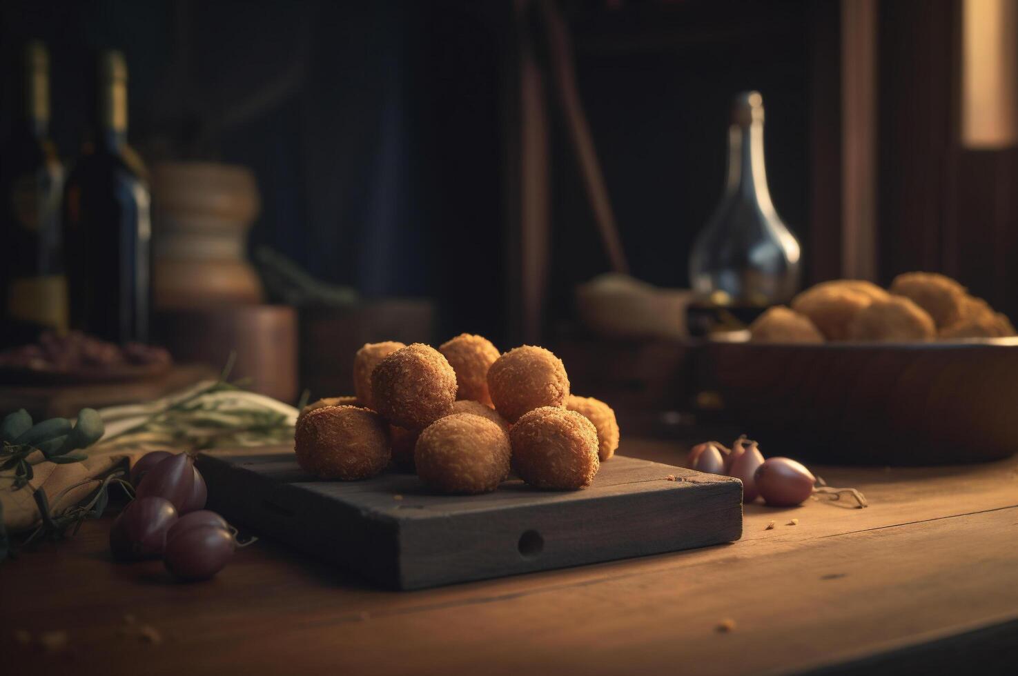 Delicious homemade croquettes on wooden table in rustic kitchen background. photo