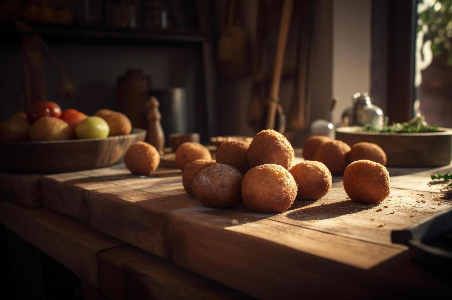 Delicious homemade croquettes on wooden table in rustic kitchen background. photo