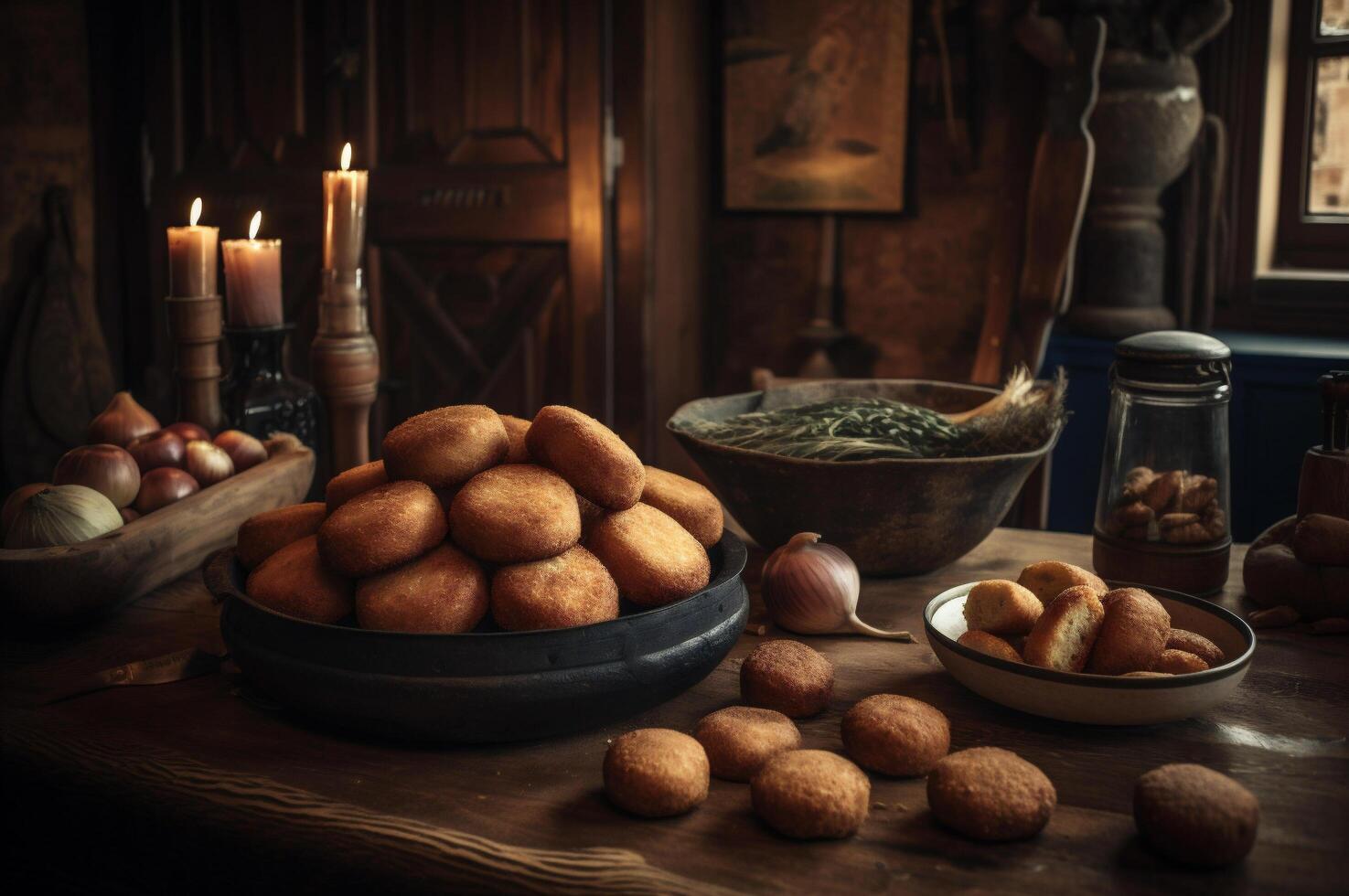 Delicious homemade croquettes on wooden table in rustic kitchen background. photo