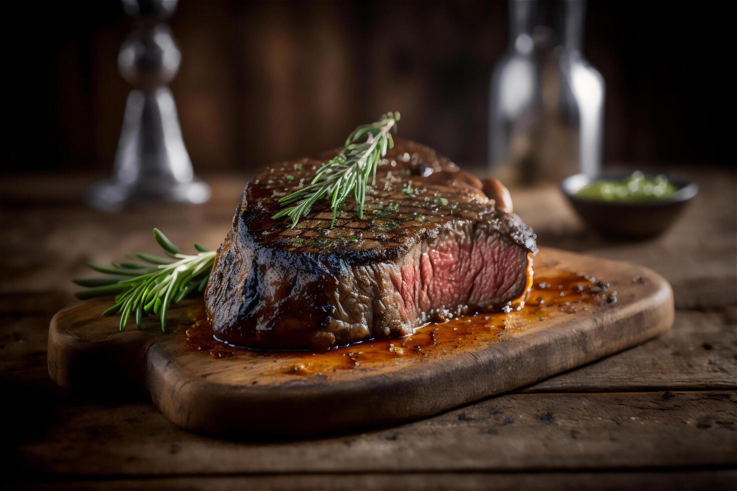juicy grilled steak with herbs and spices on rustic cutting board. Barbecue. photo