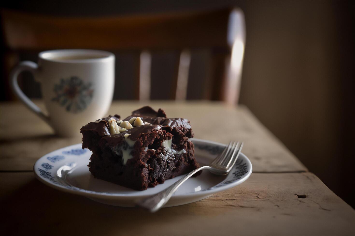 Delicious homemade chocolate brownie in white ceramic plate on rustic wooden table. . Selective focus photo