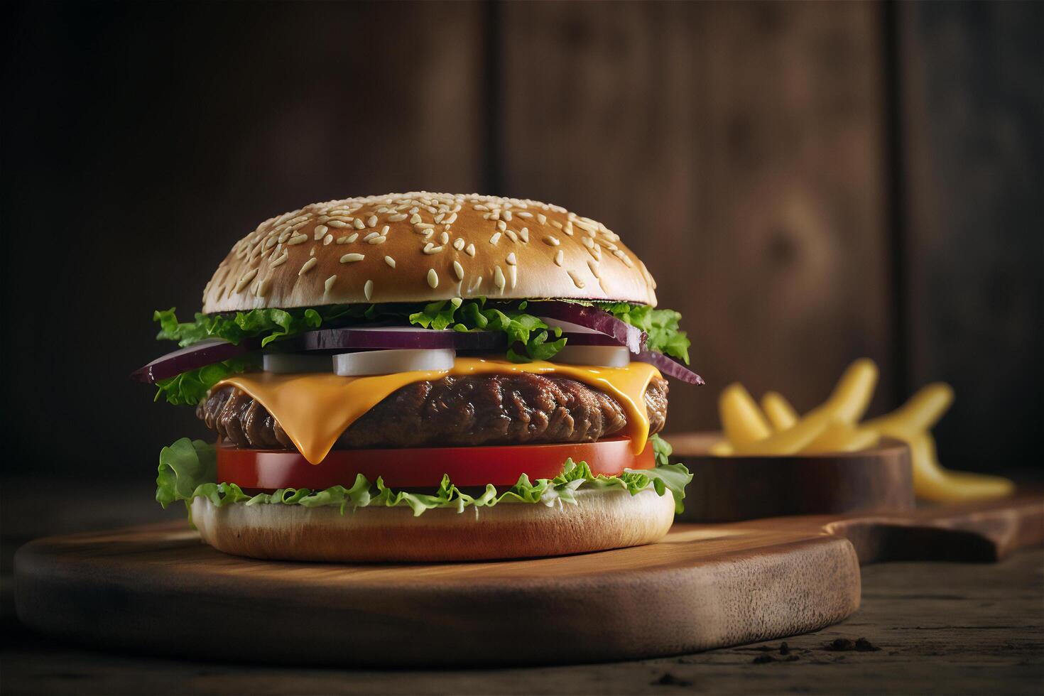 Tasty homemade hamburger on rustic wooden table. Copy space. Advertising. . Fast food snack photo