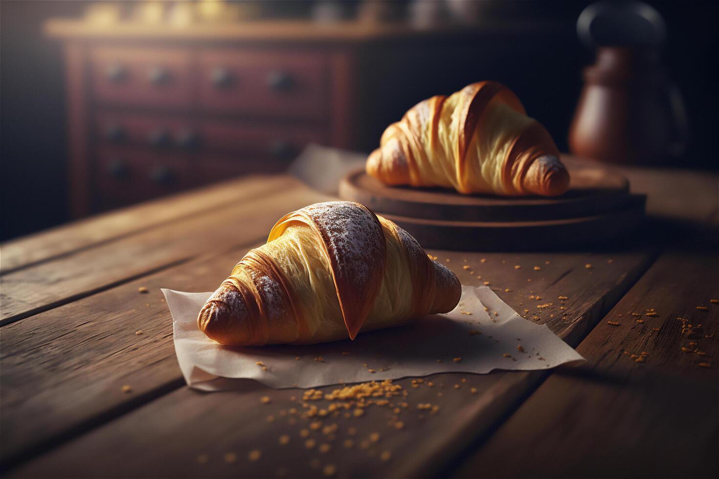 Delicious homemade croissants on rustic wooden kitchen table. photo