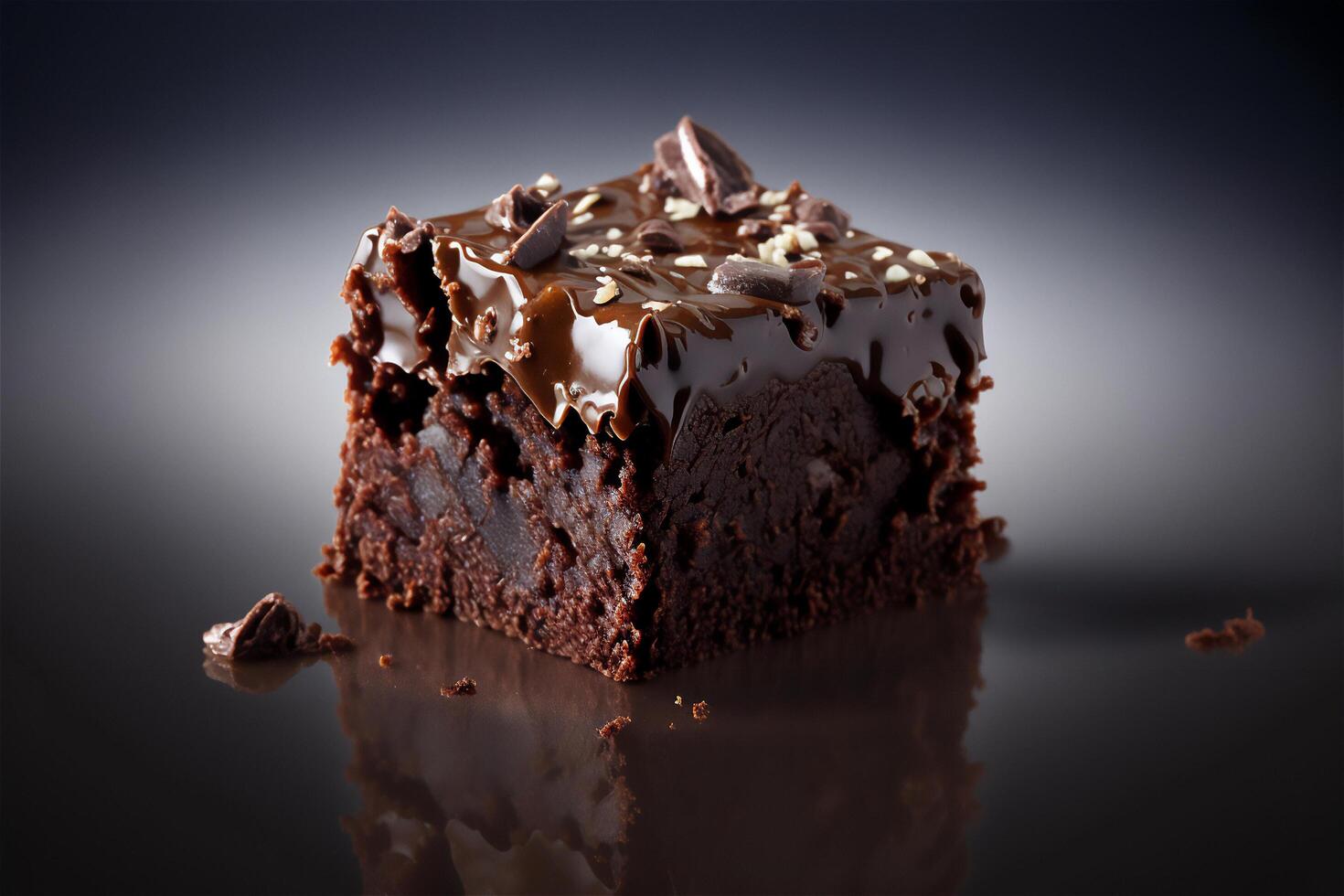 Delicious homemade chocolate brownie isolated on dark background. . Selective focus photo