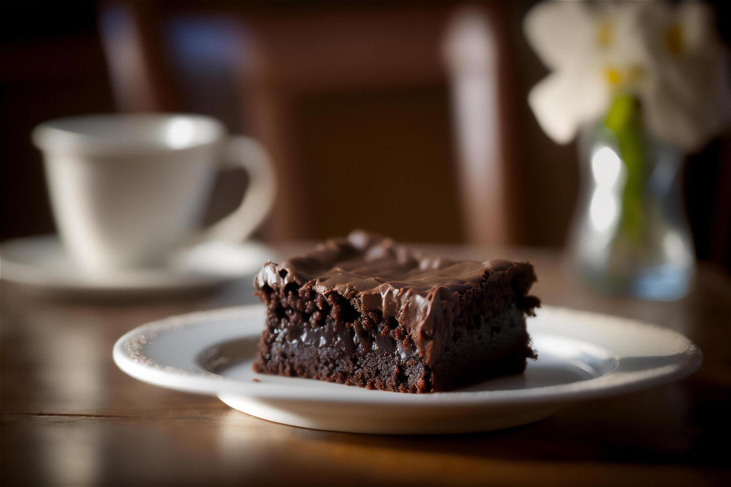 Delicious homemade chocolate brownie in white ceramic plate on rustic wooden table. . Selective focus photo