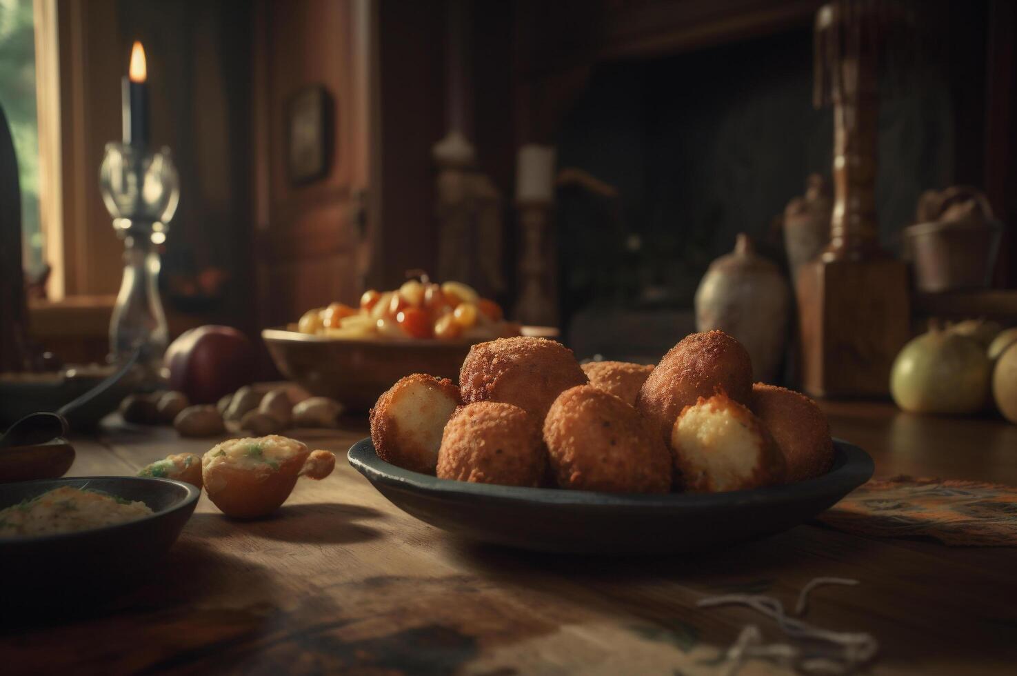 Delicious homemade croquettes on wooden table in rustic kitchen background. photo