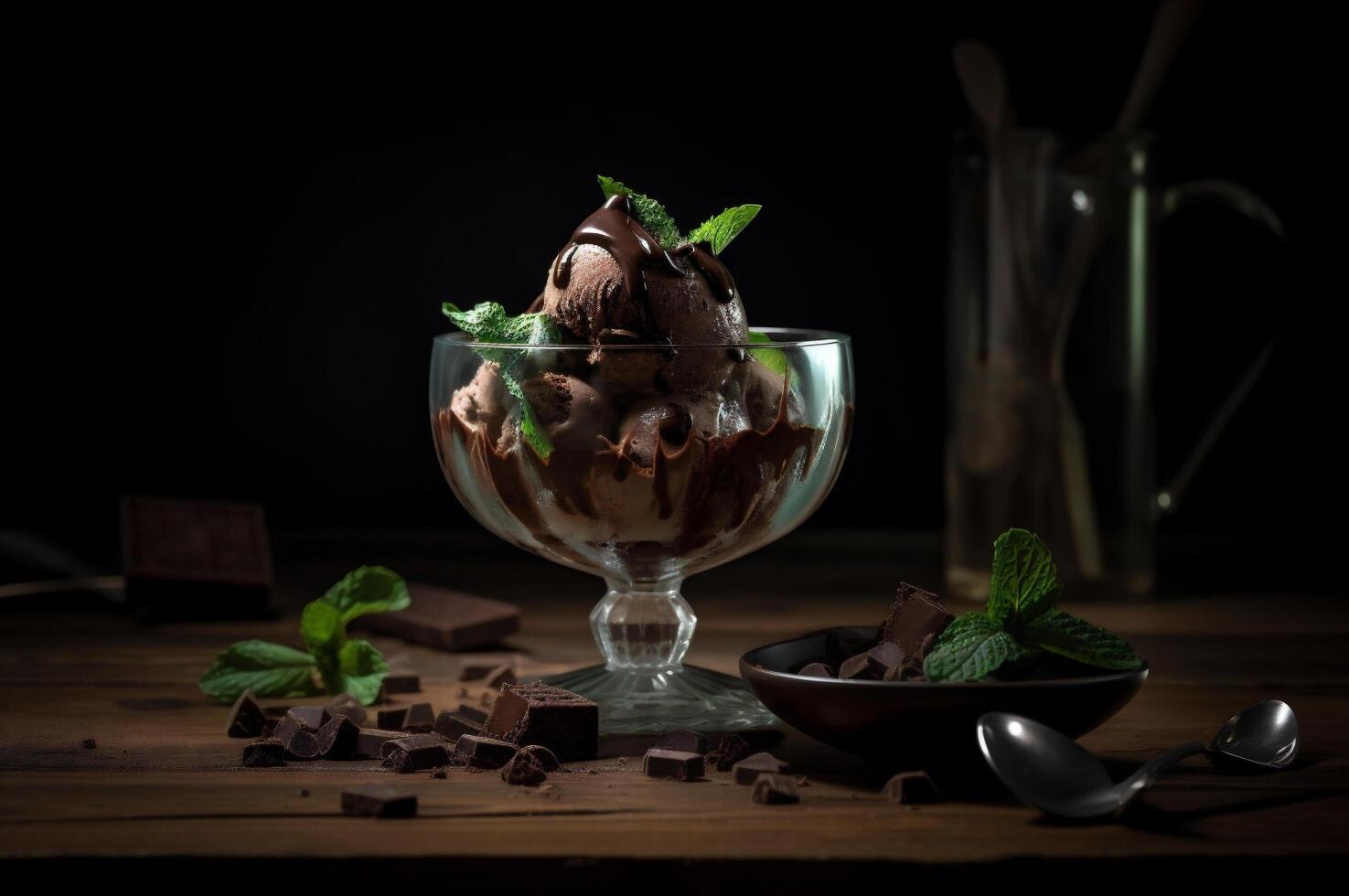 Gourmet chocolate ice cream in glass bowl on ice cream parlor table