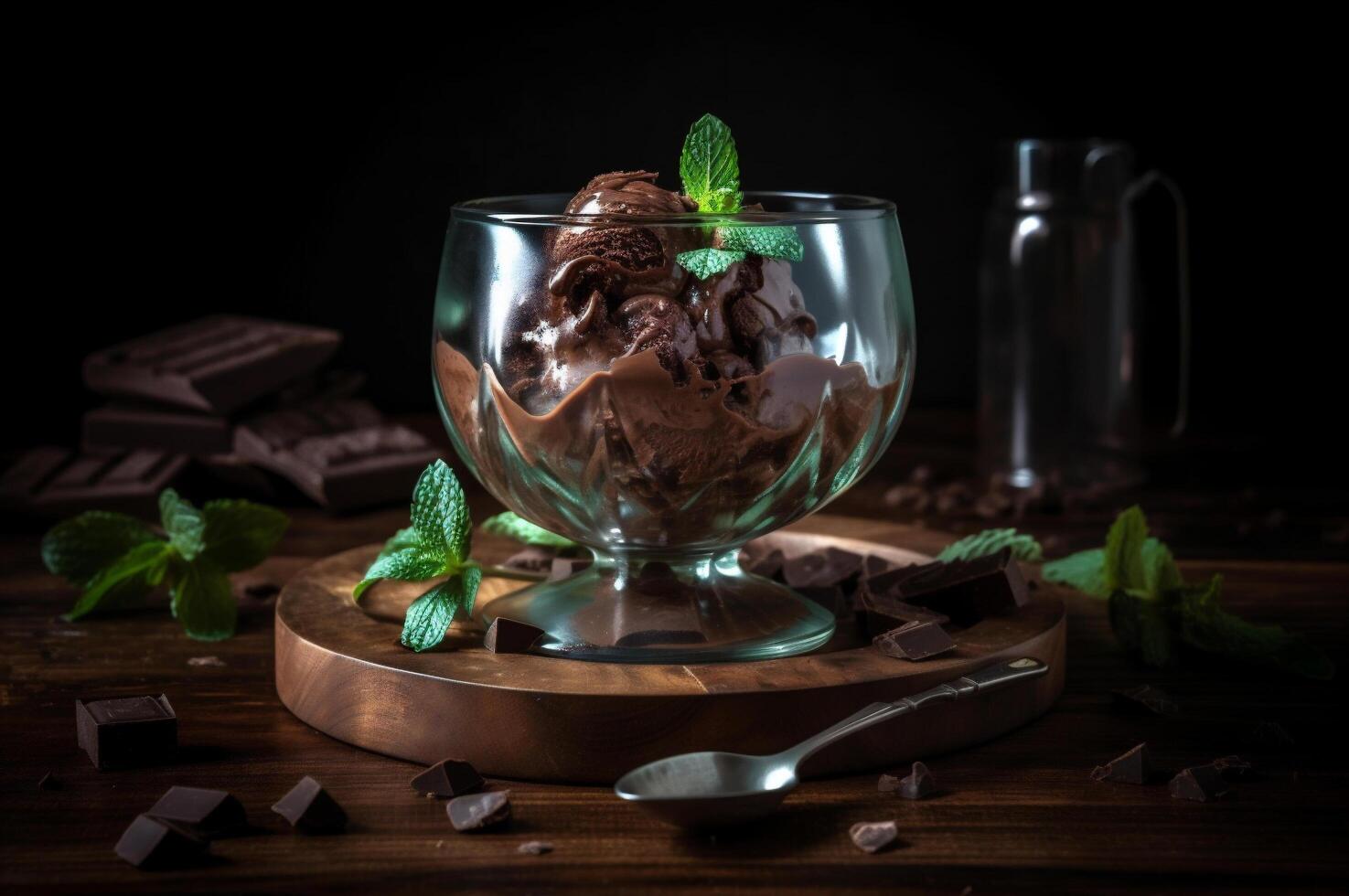 gastrónomo chocolate hielo crema en vaso cuenco en hielo crema salón mesa. rústico madera. ai generado. congelado postre foto