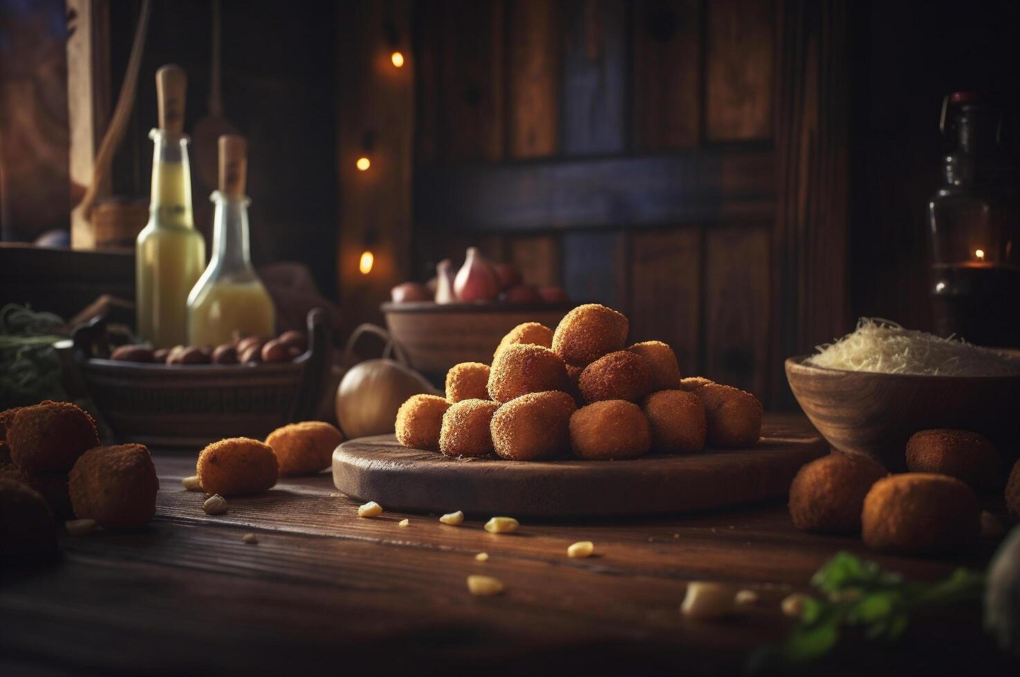 Delicious homemade croquettes on wooden table in rustic kitchen background. photo