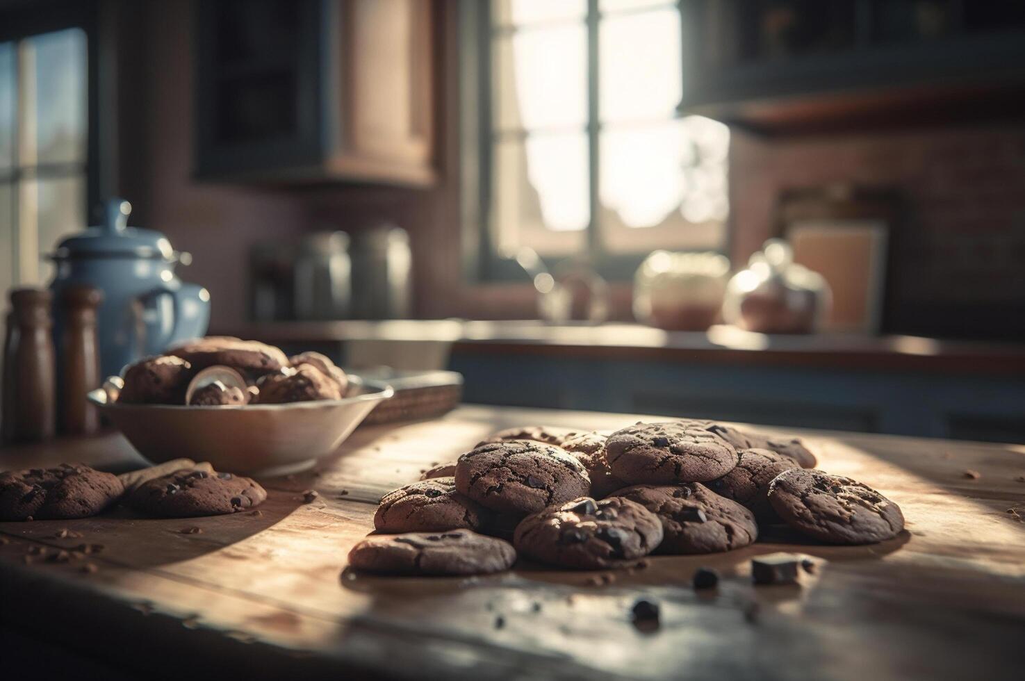 Delicious homemade chocolates cookies on rustic wooden table. photo