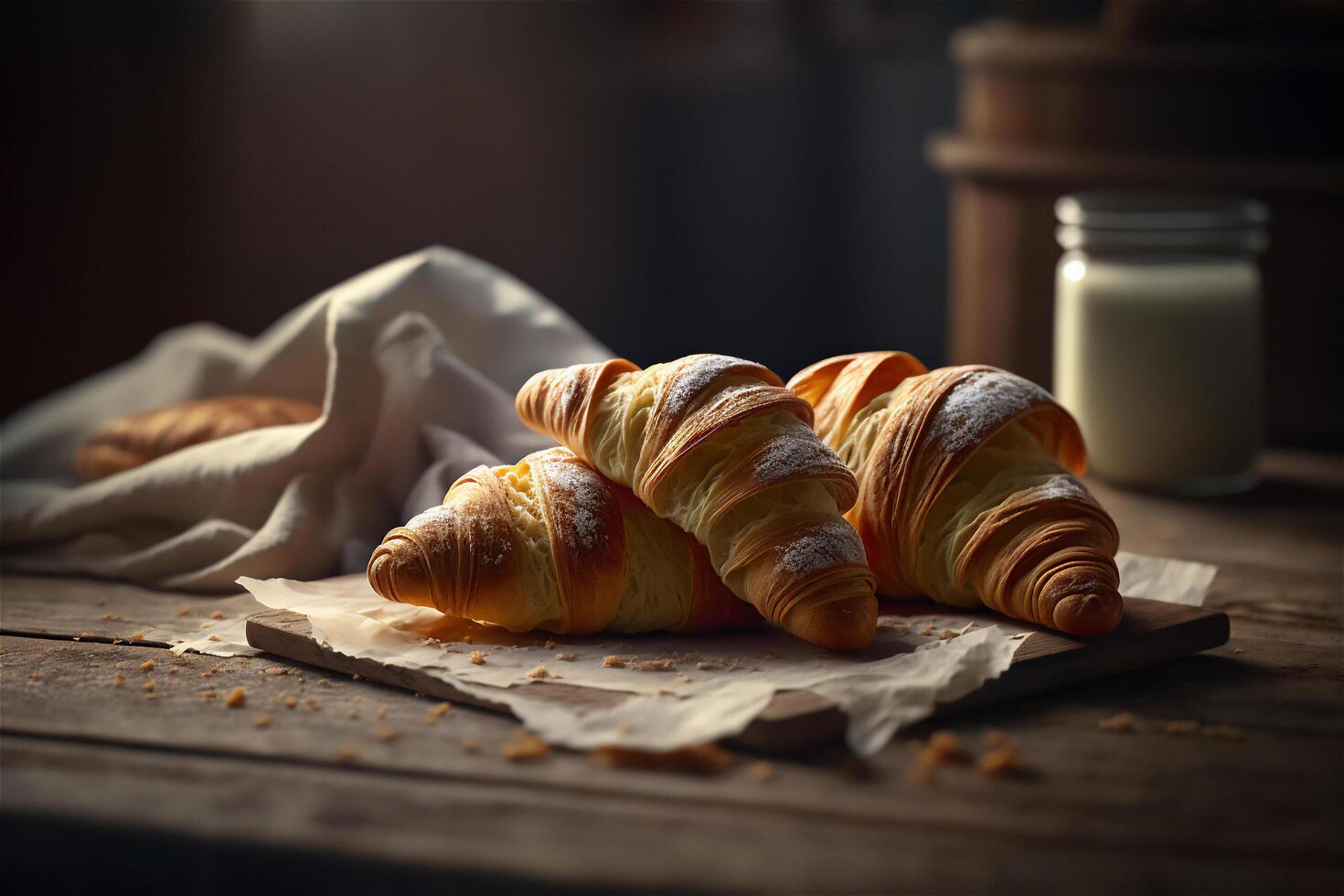 delicioso hecho en casa croissants en rústico de madera cocina mesa. ai generado foto