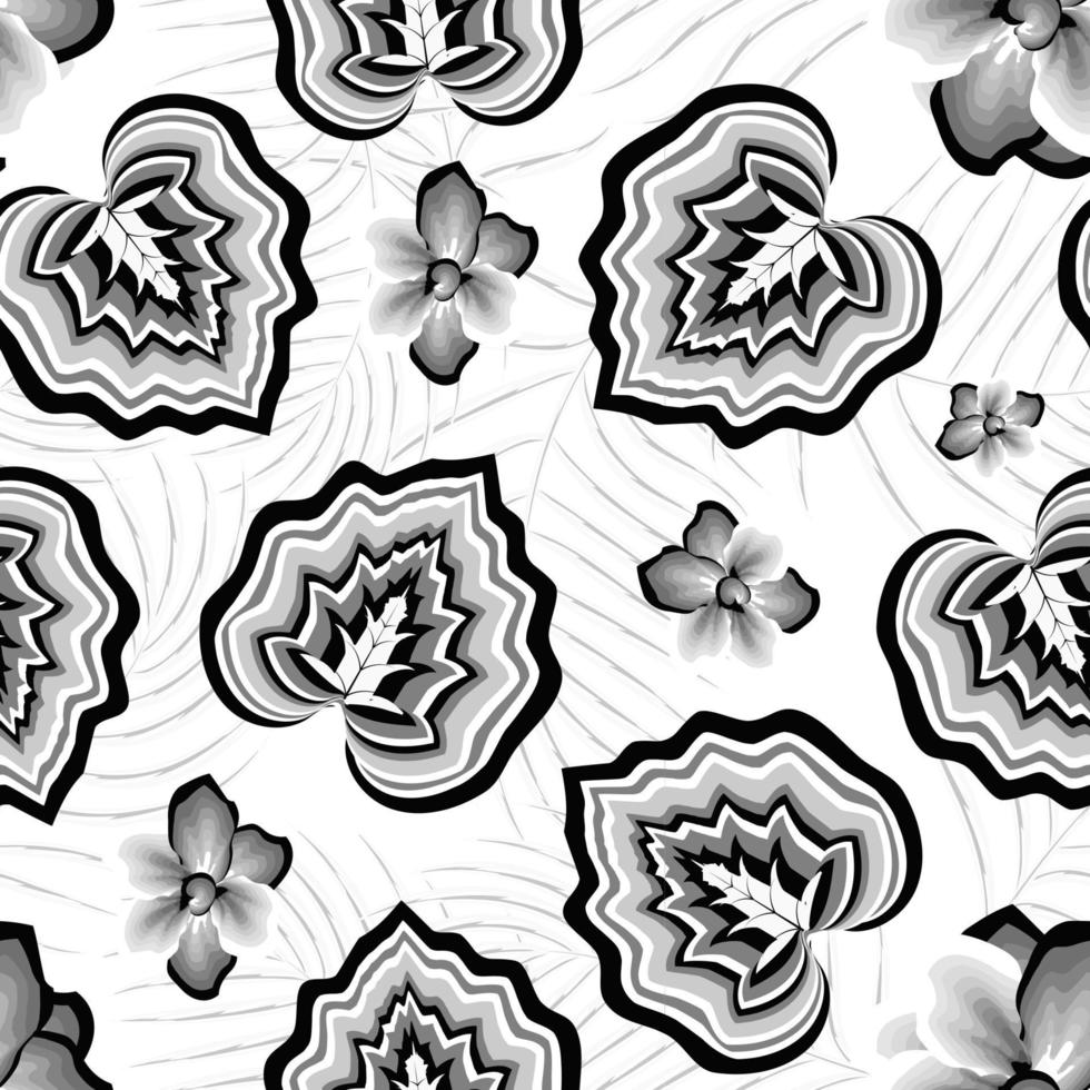 Floral seamless tropical pattern, summer background with palm leaves, jungle tree, gray jasmine flower branch. Botanical wallpaper, illustration in Hawaiian style. flowers background. autumn pattern vector