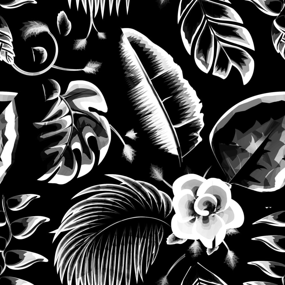 vintage banana palm leaves seamless pattern with abstract heliconia flowers and plants foliage on dark background. Floral background. Exotic wallpaper. Hand drawing sketch. Vintage exotic print. fall vector