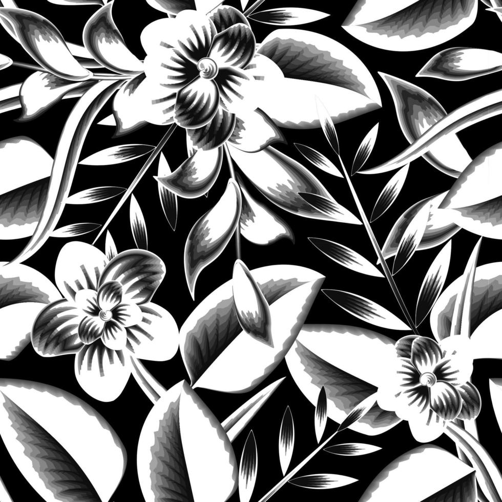 resumen Clásico sin costura tropical modelo con monocromo plantas hojas y flores en oscuro antecedentes. sin costura exótico modelo con tropical plantas. exótico fondo de pantalla. floral antecedentes. natural vector