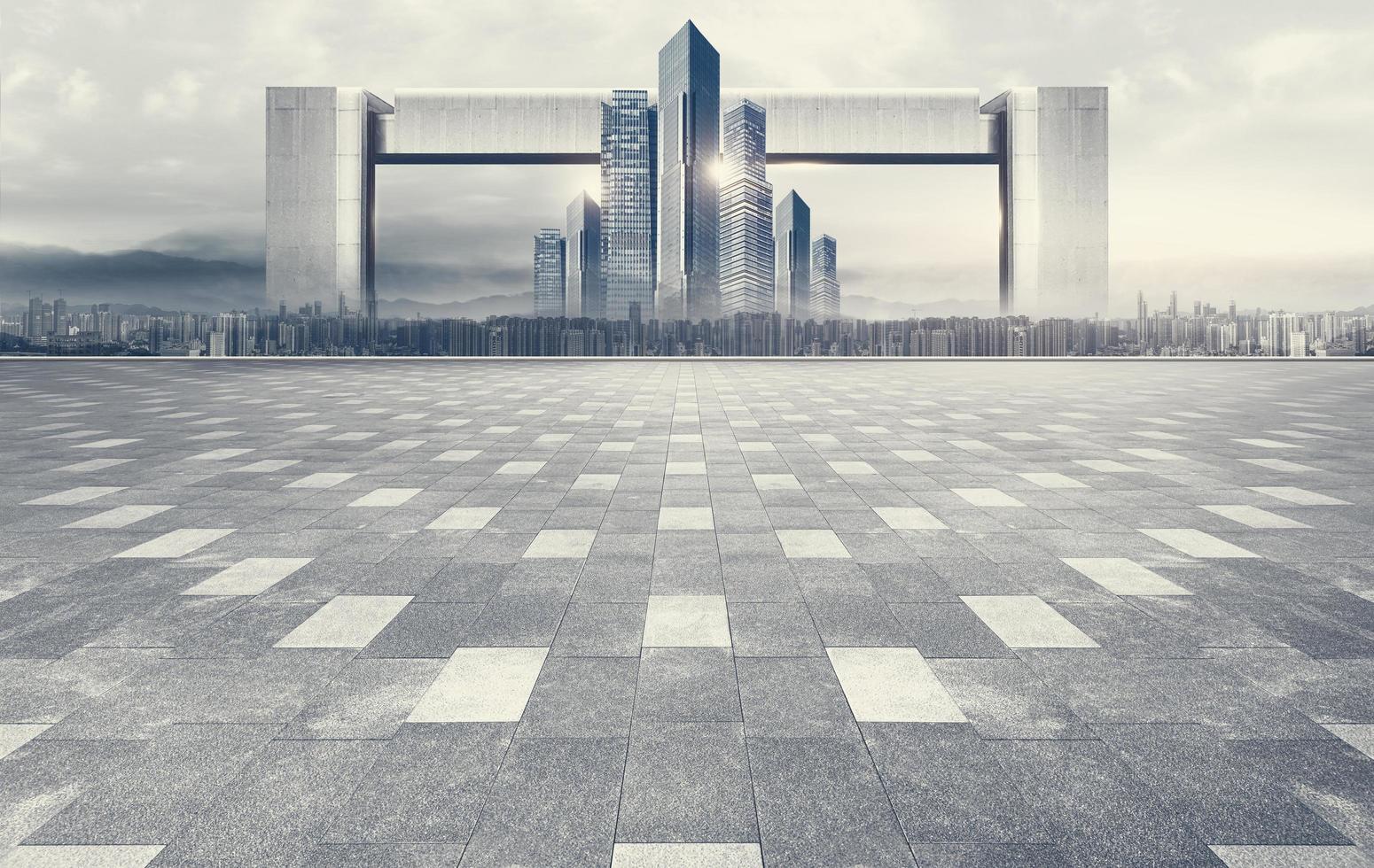 Apocalyptic atmosphere unmanned brick plaza with panoramic city skyline background photo