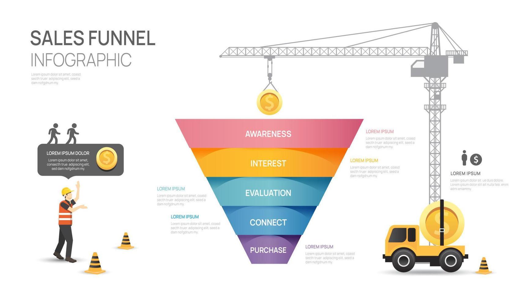 Infographic Sales funnel diagram template for business. Modern Timeline 5 step level, building business concept vector infographics.