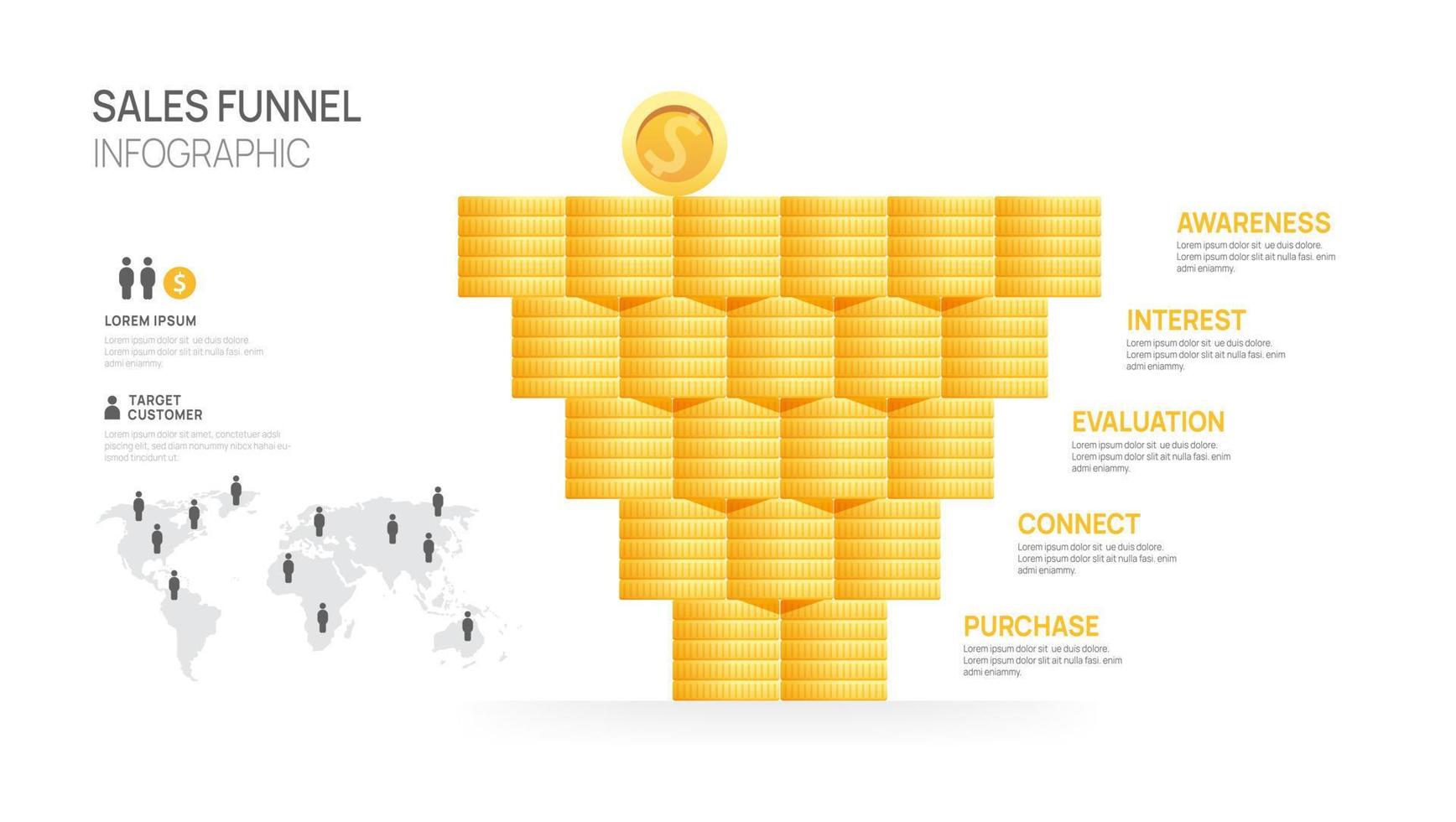 Infographic Sales funnel coin diagram template for business. Modern Timeline 5 step level, digital marketing data, presentation vector infographics.