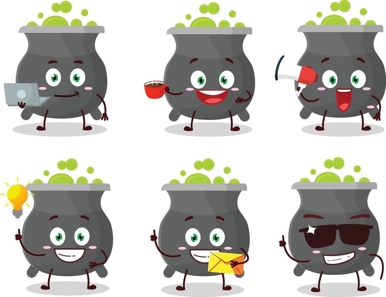 Cauldron cartoon character with various types of business emoticons vector