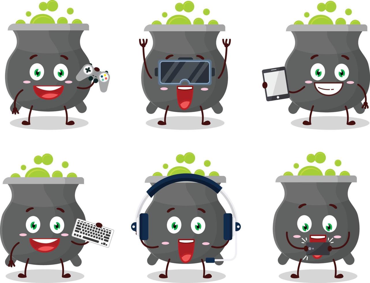 Cauldron cartoon character are playing games with various cute emoticons vector