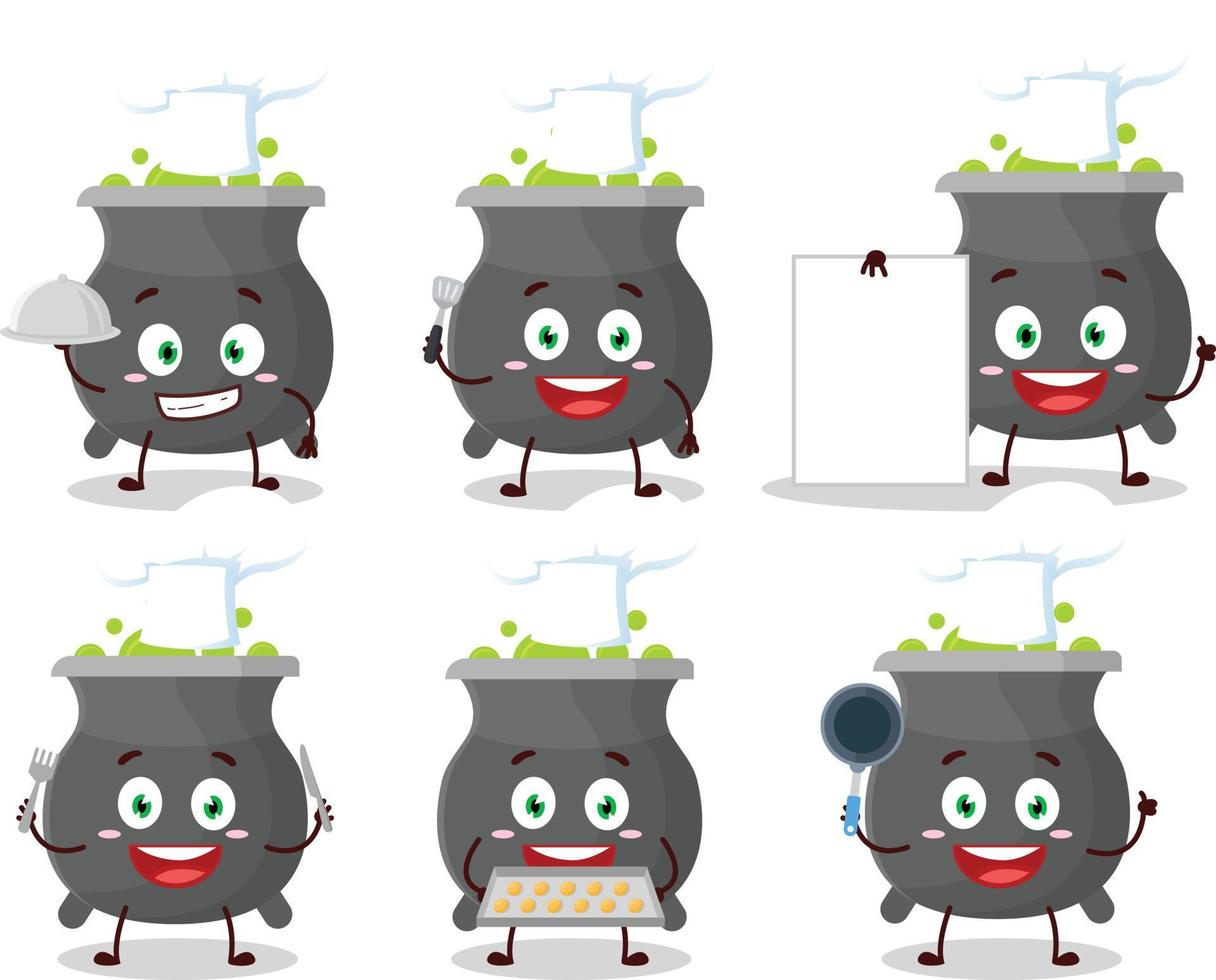 dibujos animados personaje de caldera con varios cocinero emoticones vector