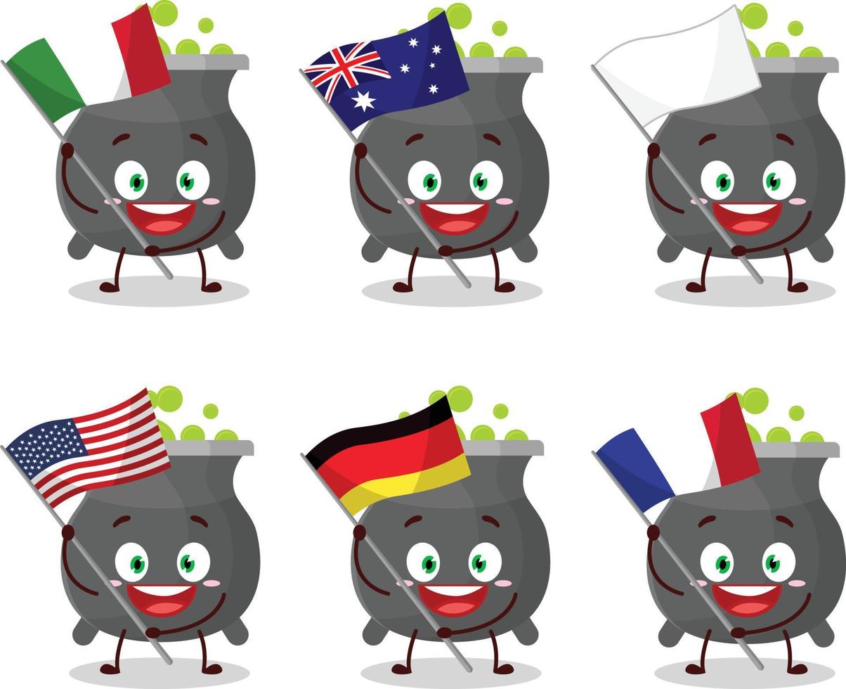 Cauldron cartoon character bring the flags of various countries vector