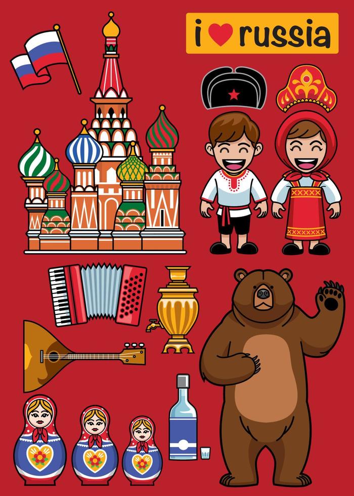 set of russian cartoon design objects vector