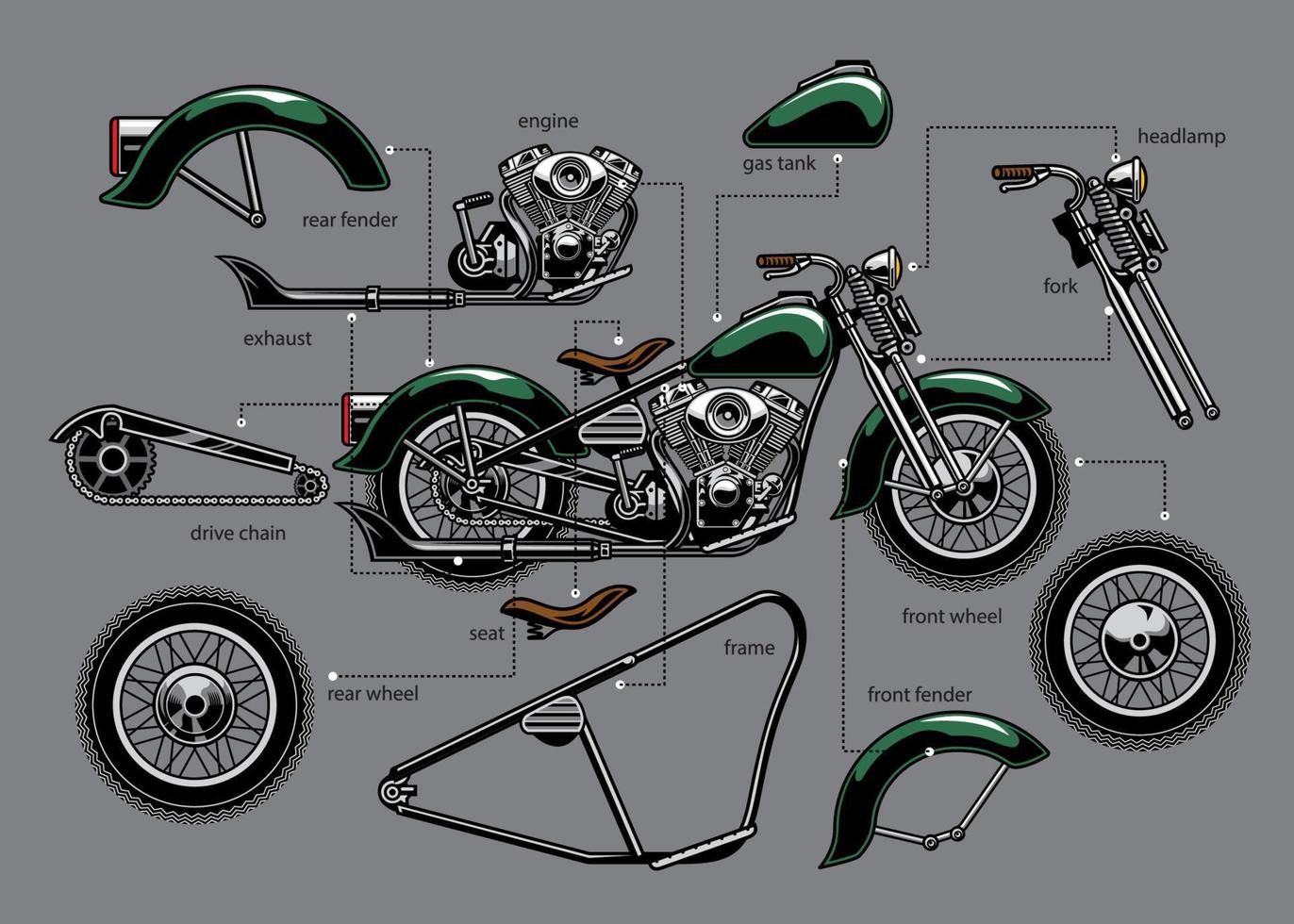 vintage old motorcycle with separated parts vector