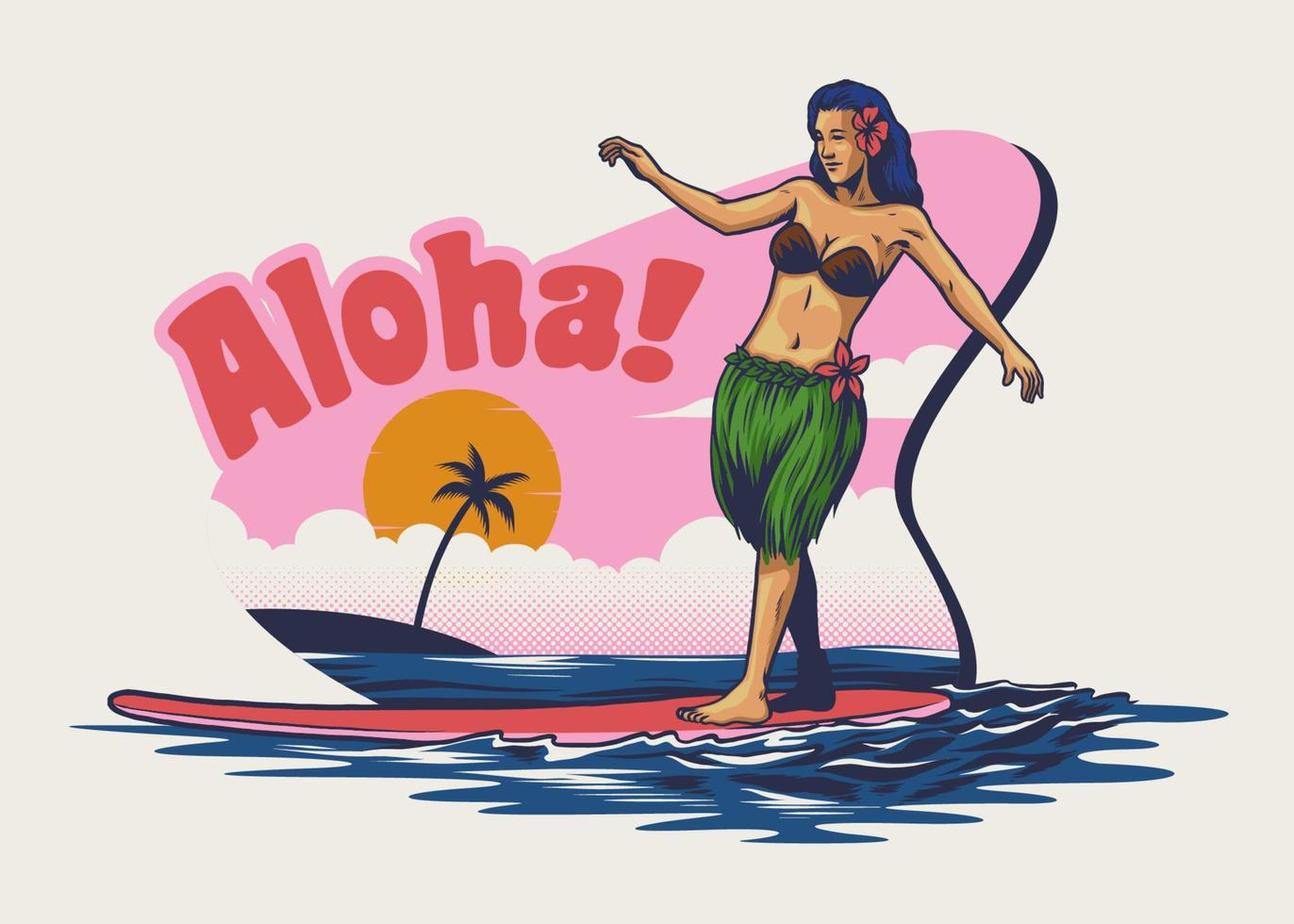 mano dibujo hawaiano niña surf vector