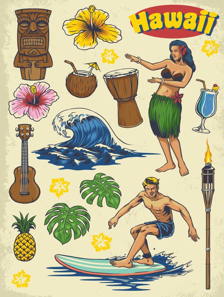 hand drawing Hawaii concept  retro set vector