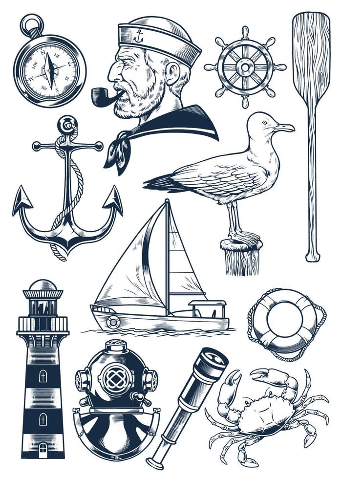 nautical object set in vintage engraving style vector