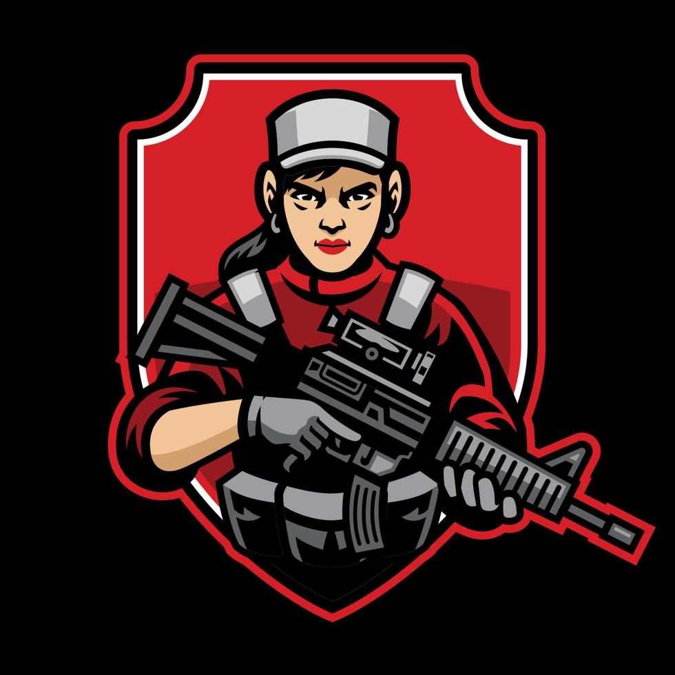woman soldier mascot hold the assault riffle vector