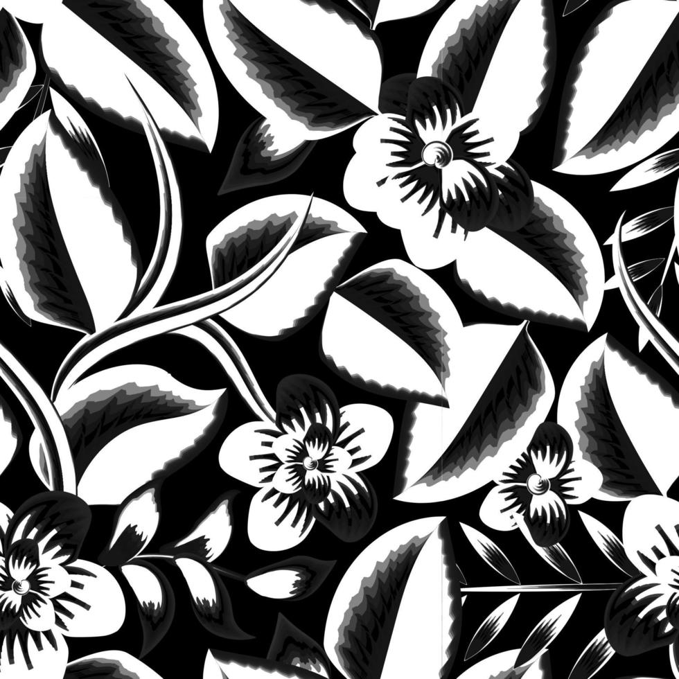 Realistic tropical seamless pattern on dark background. Seamless floral pattern with nature plants leaves and foliage on night background. Floral background. Exotic background. vintage monochromatic vector