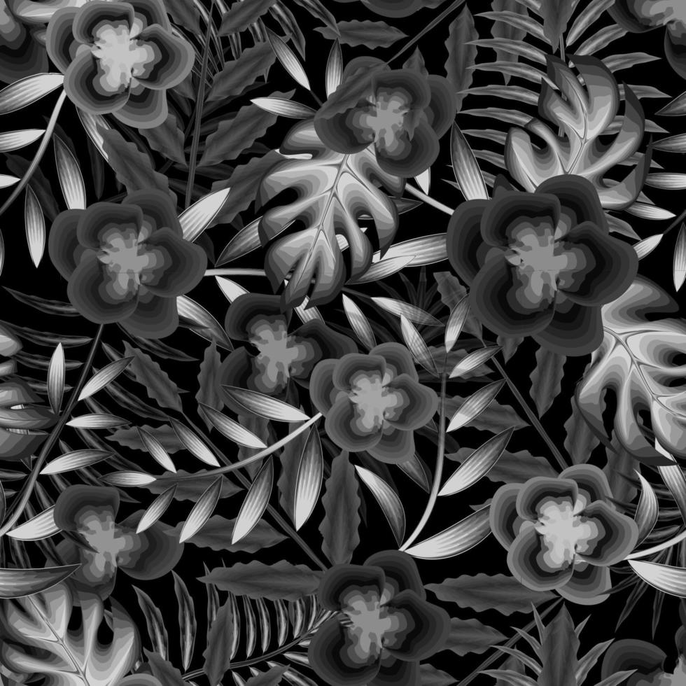 seamless pattern with gray monochromatic tropical leaves and flowers. summer floral print on dark background. Hawaiian hibiscus, coconut branches and monstera leaves. flowers background. autumn vector