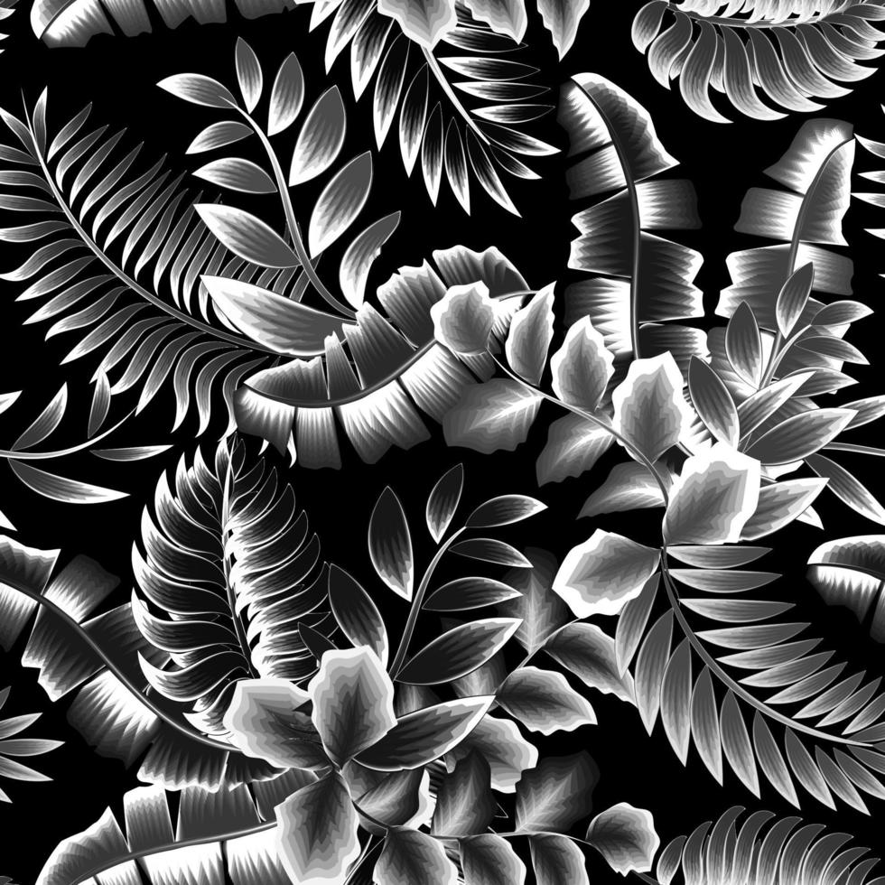 Seamless tropical pattern with monochromatic plants leaves and foliage on dark background. Seamless exotic pattern with tropical plant. Exotic wallpaper. Trendy summer Hawaii print. jungle background vector