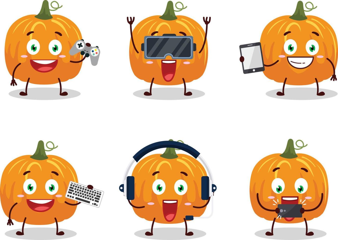 Pumpkin cartoon character are playing games with various cute emoticons vector