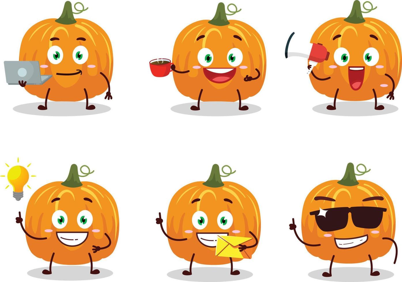 Pumpkin cartoon character with various types of business emoticons vector