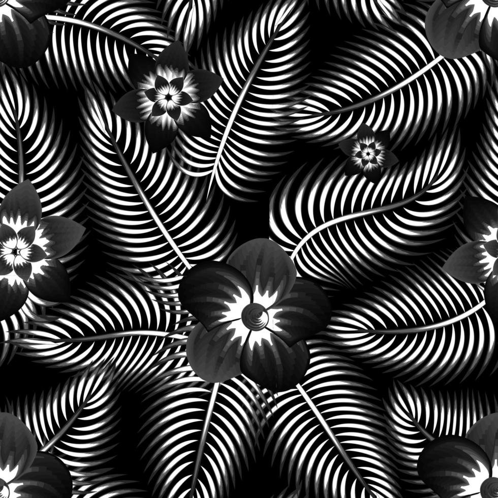 vintage palm leaves seamless pattern with abstract monochromatic floral on dark background. Summer design. Jungle print. Floral background. Seamless realistic vector composition, botanical pattern