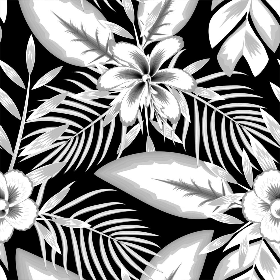 botánico de moda diseño en gris colores. resumen tropical palma hojas sin costura modelo con plantas y follaje en oscuro antecedentes. diseño para tela, fondo de pantalla o envolver documentos. floral antecedentes. otoño vector
