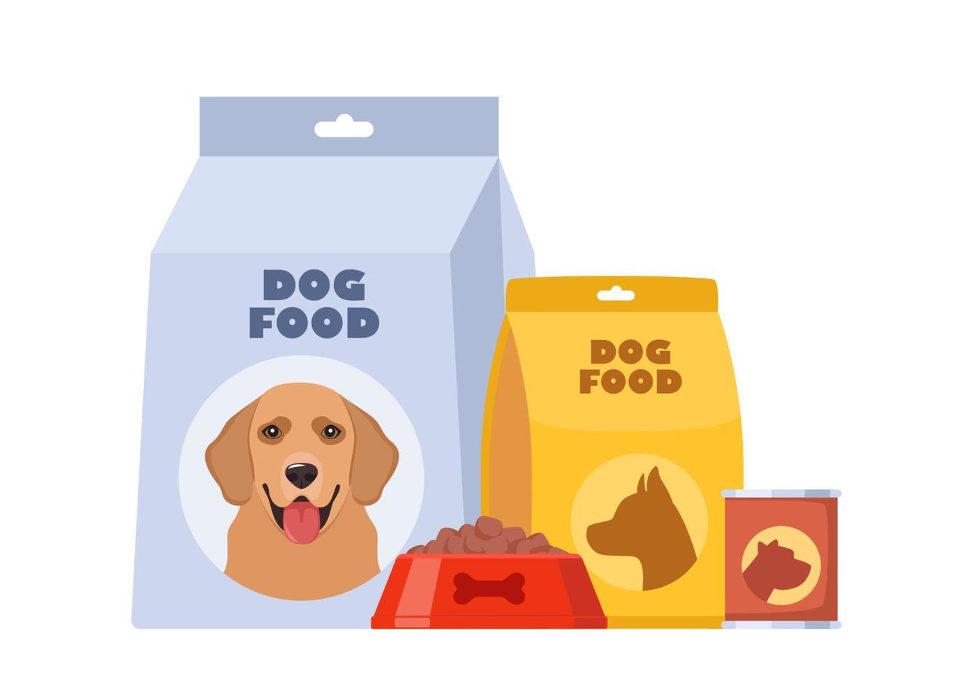 Dog food, bag package and full dry food bowl. Pet meal. Package, box and can of dog food. Vector illustration.