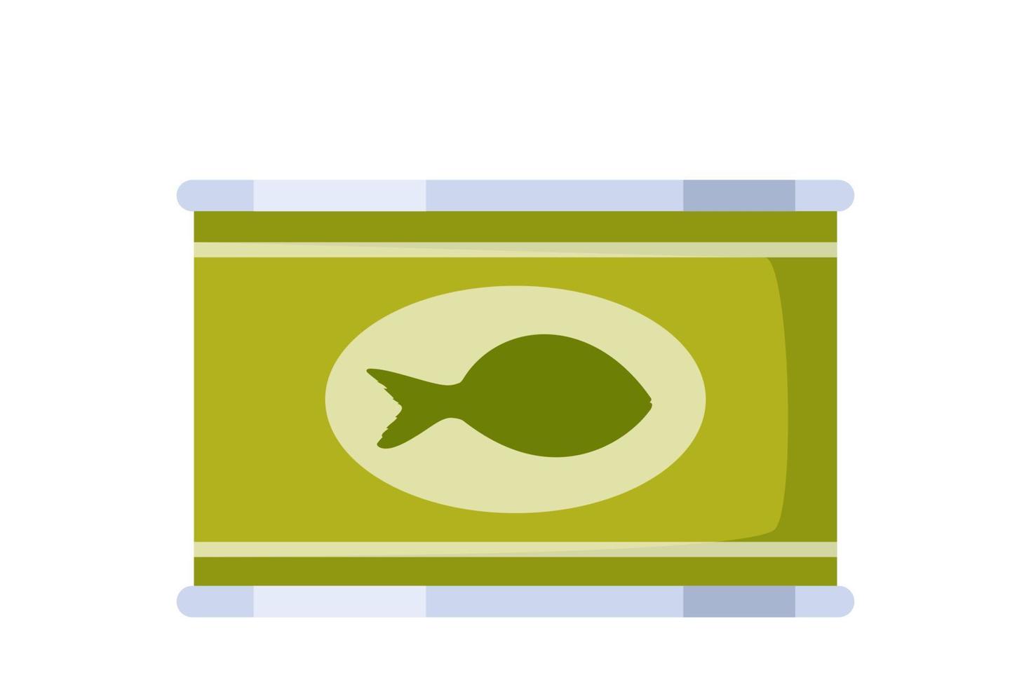 Canned fish. Pack of tinned tuna, conserved sea food. Seafood preserved in metal container. Product in round jar with closed lid. Vector. vector