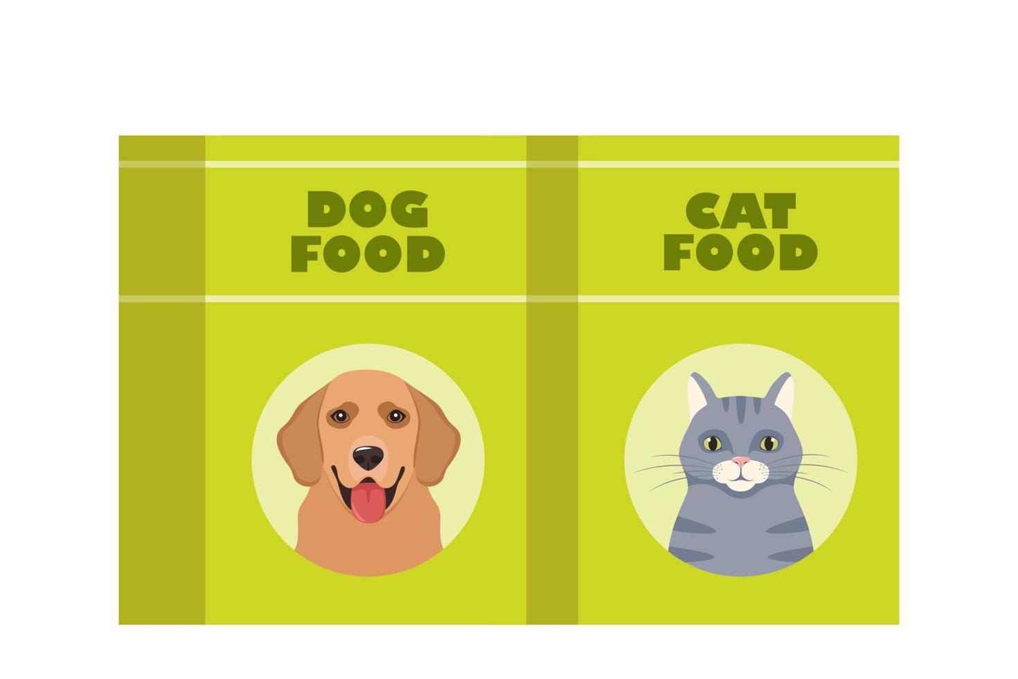 perro o gato comida paquetes paquetes de seco canino y felino alimento. mascota comercio, Doméstico animal, cuidado concepto. vector ilustración.