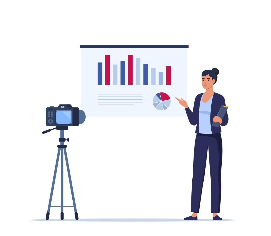 Business woman presenting new project on camera. She is showing graphs and pie charts. Coach giving presentation online. Vector illustration.