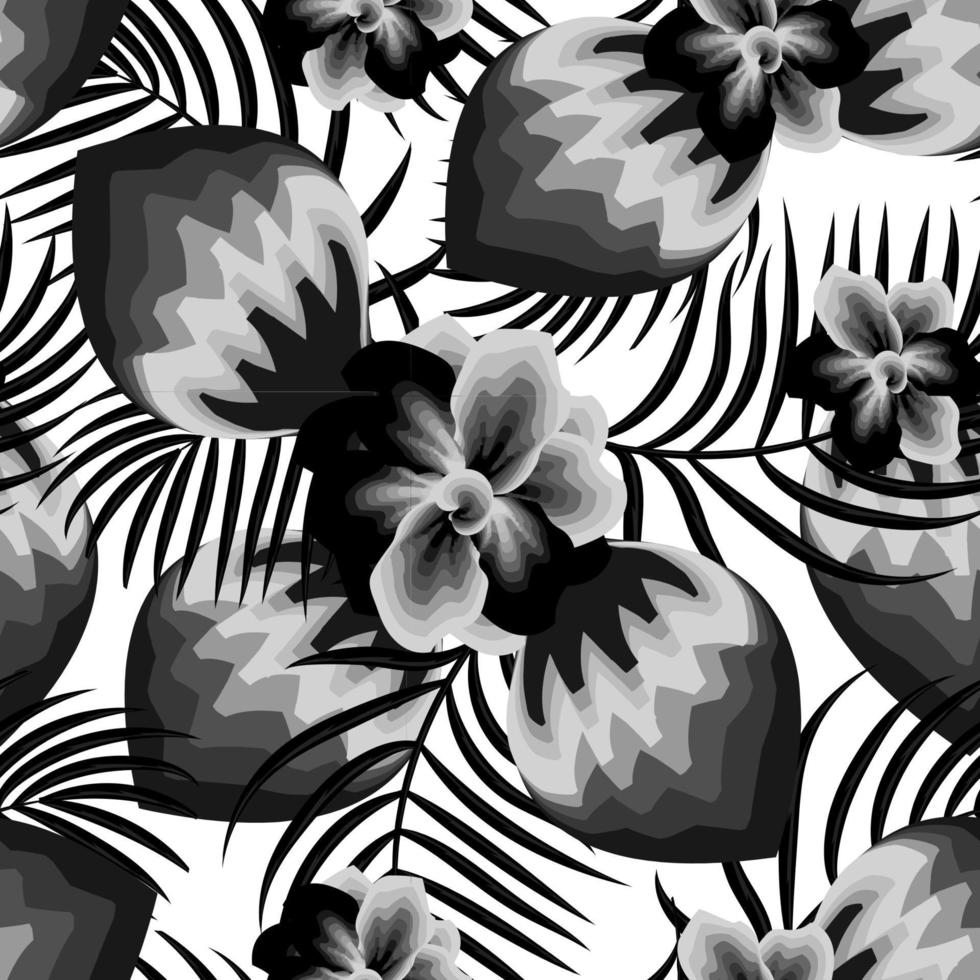 Tropical pattern with abstract palm leaves and flowers plants foliage on white background. monochromatic style. Seamless pattern with vintage leaves and plants. Floral background. Summer design. fall vector