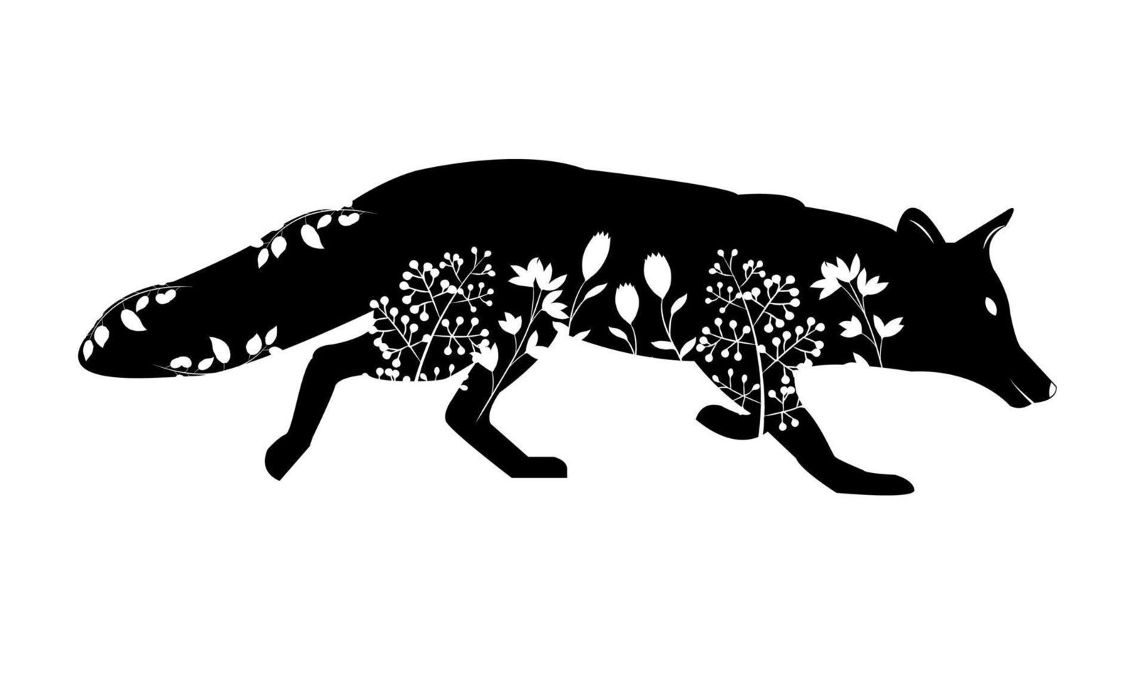 stencil fox walking in grass and flowers vector