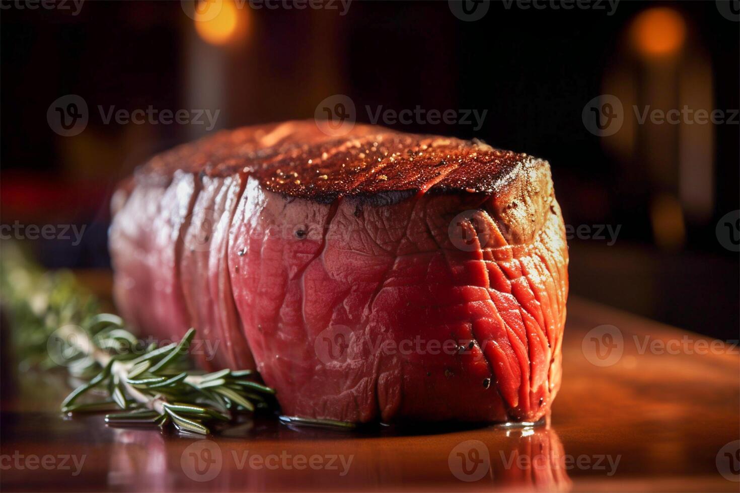 Raw Organic Beef Filet Mignon over a wooden counter on dark background. photo