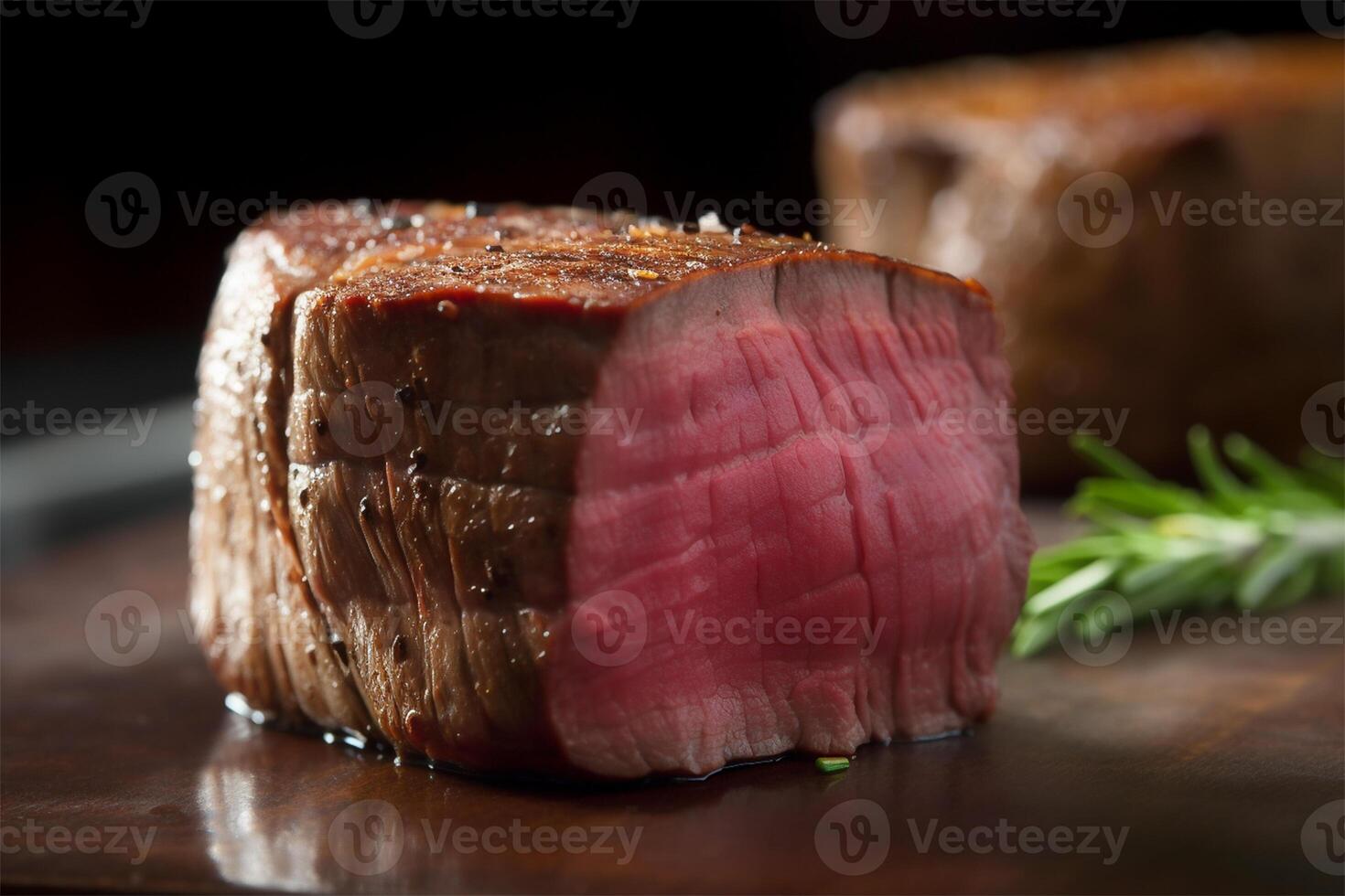 Raw Organic Beef Filet Mignon over a wooden counter on dark background. photo