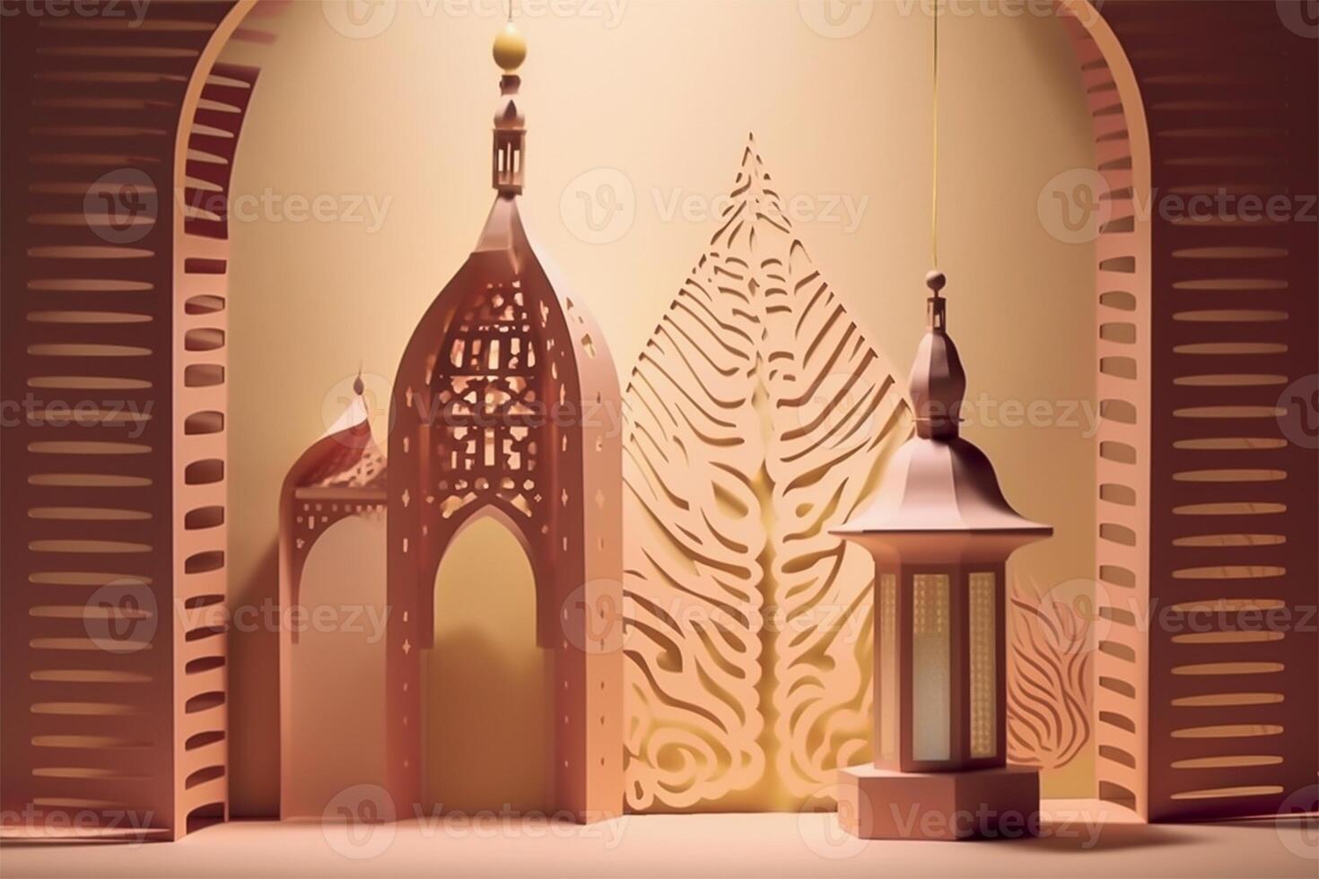 Islamic ramadan background in papercut style. Eid al fir paper craft background. . photo