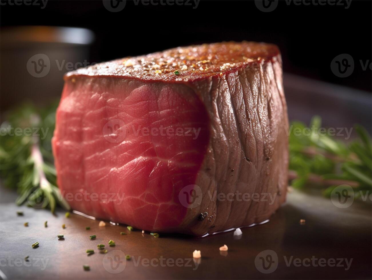 Raw Organic Beef Filet Mignon over a wooden counter on dark background. photo