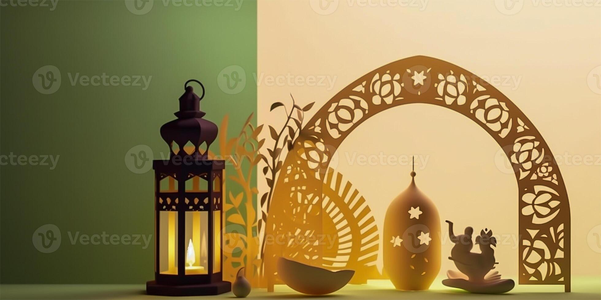 Islamic ramadan background in papercut style. Eid al fir paper craft background. . photo