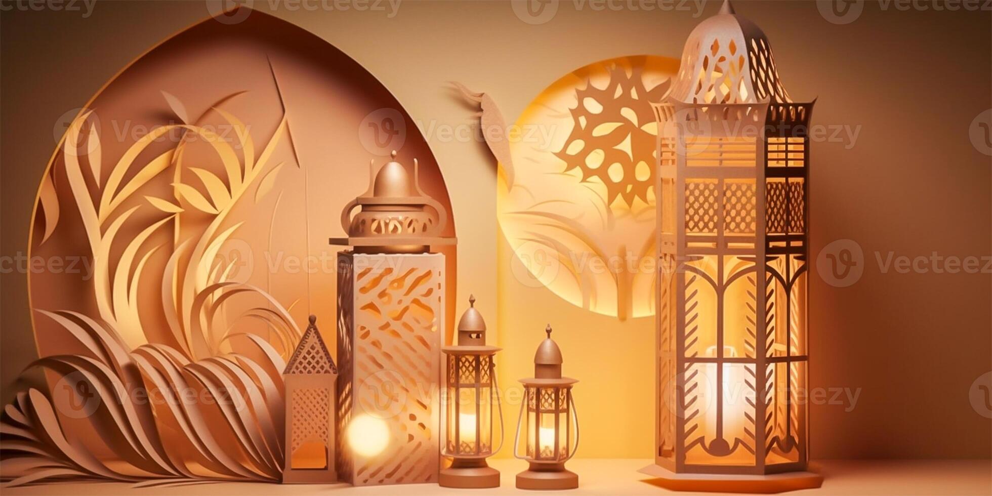 Islamic ramadan background in papercut style. Eid al fir paper craft background. . photo